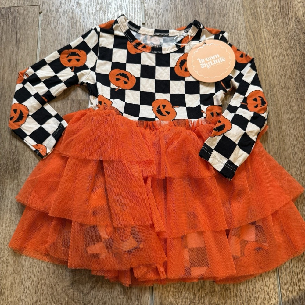 Dream Big Little Bamboo Halloween Pumpkin 2T Checkered Dress Orange Tutu Tulle